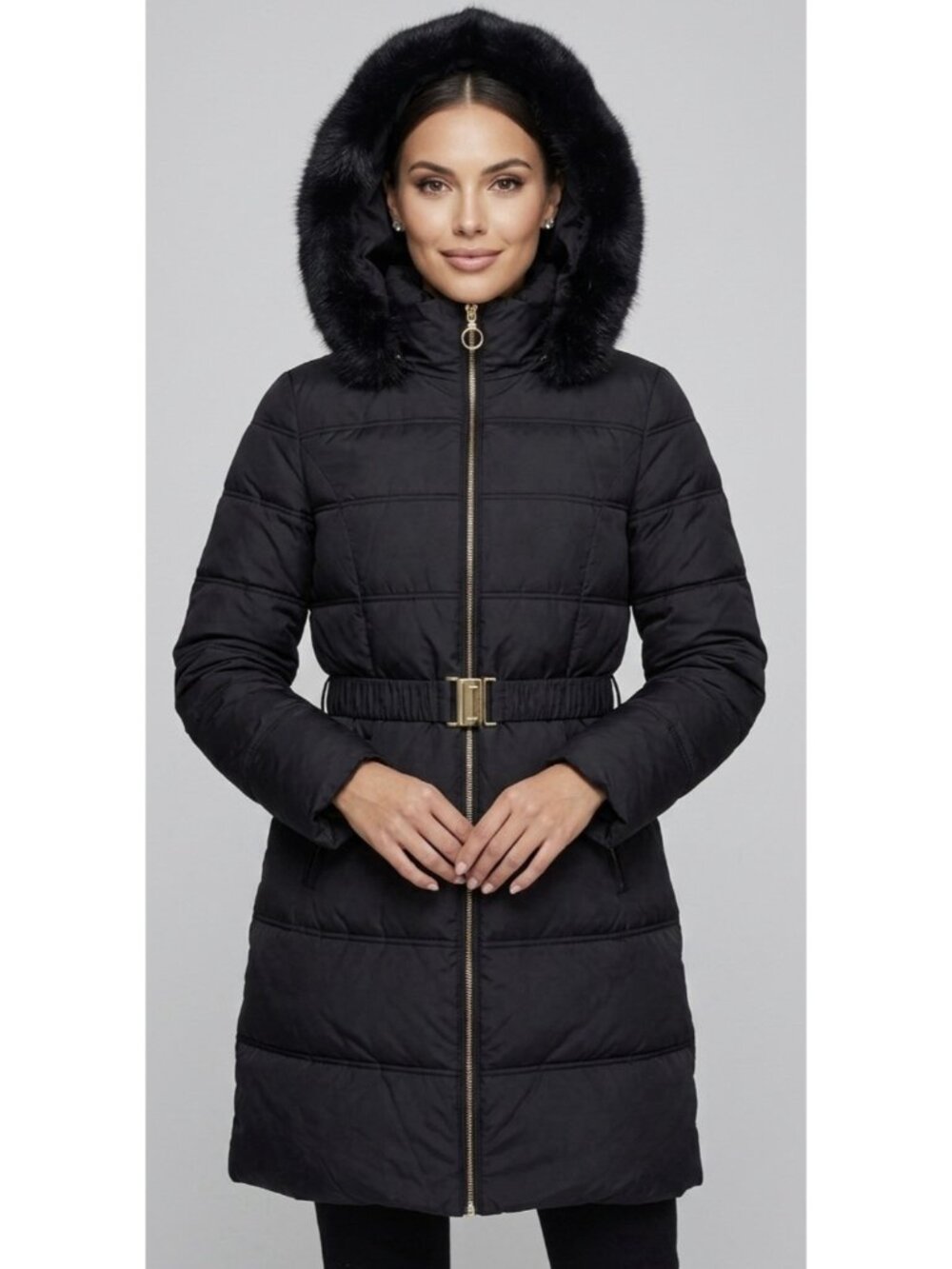 New T Tahari Mali Black Down Faux Fur Hood Belted Long Puffer Coat Jacket